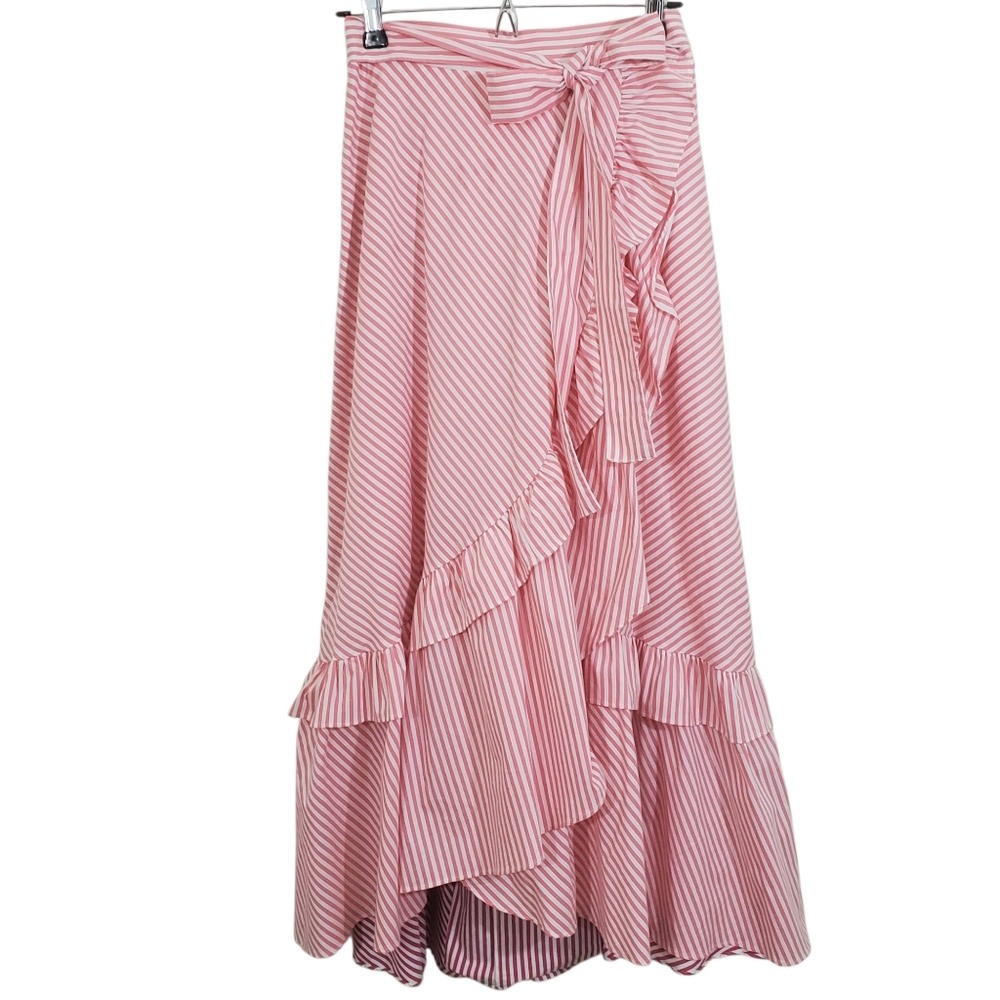 NWT Anthropologie Maeve Penny Ruffled Midi Skirt Pink Striped Tiered Boho XS - Picture 2 of 13